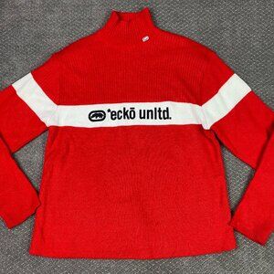 Vintage 90s Y2K Ecko Unltd Turtleneck Knit Sweater Men's XL Red Spell Out